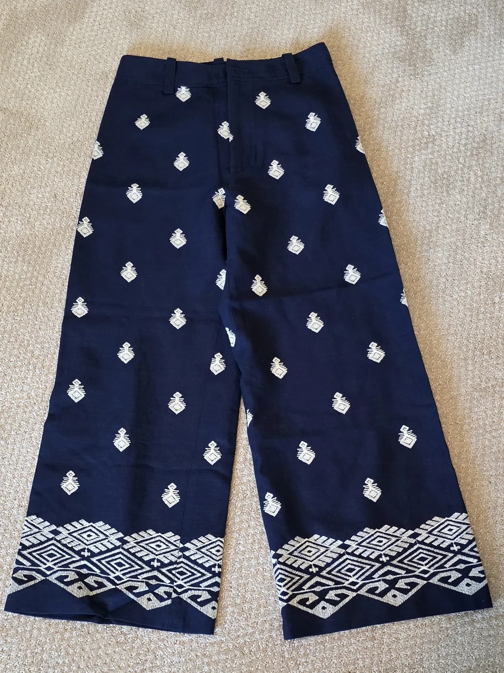 Zara Navy Wide-Leg Embroidered Pants with White Motif